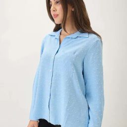 Globus Women Blue Cuffed Sleeves Self Design Chest Pocket Curved Hem Shirt-image-48