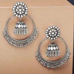 OOMPH Oxidized Silver Mirror Kundan Work Jhumki Earrings-image-56