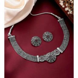 Peora Silver Plated Pink Synthetic Stone Studded Choker Necklace & Earrings Set-7
