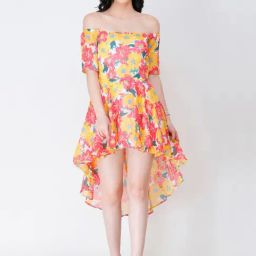 Scorpius Yellow & Pink Floral Print High-Low Dress-image-21