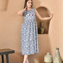 DECKEDUP Blue Cotton Printed Sleeveless Dress-picture-13