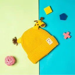 Baby Moo Kids Yellow 3D Reindeer Antler Woolen Beanie-96
