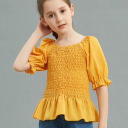 Kookie Kids Half Sleeves Smoked Top Solid - Yellow-picture-15