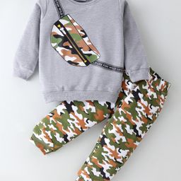 Kookie Kids Full Sleeves Winter Wear T-Shirt and Lounge Pant Set Camouflage Print - Grey-26