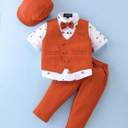 Robo Fry Cotton Lycra Full Sleeves Three Piece Party Suit with Bow & Cap - Rust Red-image-51
