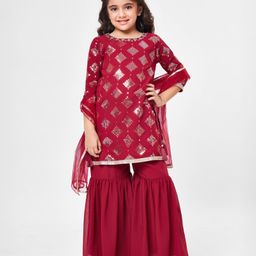 Babyhug Three Fourth Sleeve Sequined Kurti Palazo Set with Dupatta-Maroon-image-7
