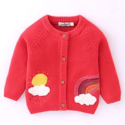 OLLYPOP Knitted Full Sleeves Sweater With Sun Embroidery - Red-image-5
