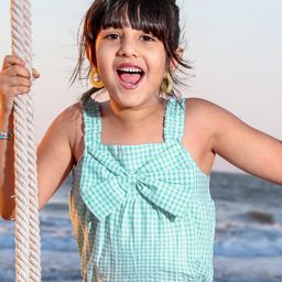 Babyhug Seer Sucker Sleeveless Woven Top with Smocking & Bow Detailing Checkered - Green & White-image-44