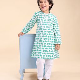 Babyhug Cotton Woven Full Sleeves Elephant Print Kurta & Pajama Set - Green & White-image-72