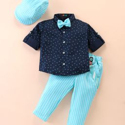 Robo Fry Cotton Woven Full Sleeves Printed Shirt & Striped Trouser Set with Bow Hat & Suspender - Aqua Blue-image-112