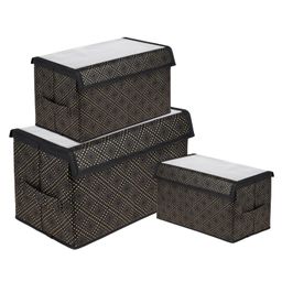 Kuber Industries Drawer Storage Box  Clothes Drawer Organizer with Handle  Transparent Lid with Velcro  Wardrobe Organizer for Books  Golden-Dot Dhakkan Storage Box  S  M  L  Pack of 3  Black-56