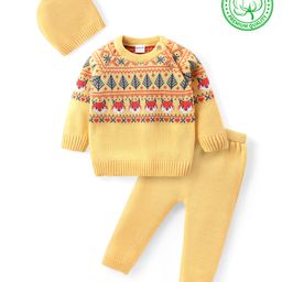 Babyhug Organic Cotton Knit Raglan Sleeves Sweater Set with Cap Fox Design - Yellow-image-45
