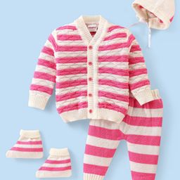 Babyhug Knitted Full Sleeves Striped Baby Sweater Set with Cap & Booties - White & Pink-image-60