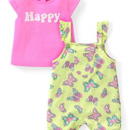Babyhug Cotton Knit Butterfly Printed Dungaree with Half Sleeves T-Shirt - Pink & Lime Green-image-29