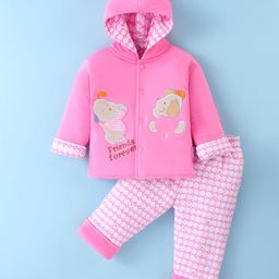 Child World Cotton Knit Full Sleeves Hooded Winter Wear Suit With Teddy & Puppy Friends Applique - Pink-picture-5