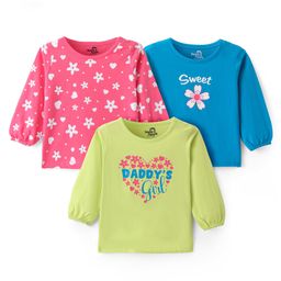 Doodle Poodle 100% Cotton Knit Full Sleeves Floral & Text Printed Tops Pack of 3 - Pink Blue & Green-picture-41