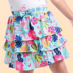 Babyhug Single Jersey Knit Knee Length Layered Floral Printed Skirt with Bow Applique - Multicolor-image-81