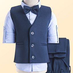 Robo Fry Woven Full Sleeves Textured 3 Piece Party Suit With Bow - Navy Blue & Light Blue-image-82