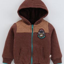 Yellow Apple Cotton Knit Full Sleeves Front Open Hooded Sweater With Cut & Sew & Patch Detailing - Brown-image-96