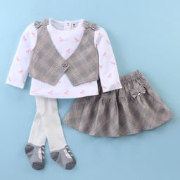 ToffyHouse 100% Cotton Woven Full Sleeves UnicornPrinted Top Checkered Waist Coat & Skirt Set with Stockings - Grey & White-image-73