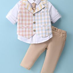 ToffyHouse 100% Poplin Woven Full Sleeves Checkered & Solid Colour 3 Piece Party Suit with Tie - Tan-image-48
