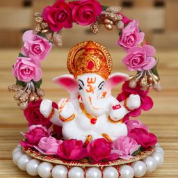eCraftIndia Lord Ganesha Idol on Decorative Handcrafted Plate with Throne of Pink and Red Flowers-image-30