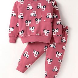 Evimo Looper Knit Full Sleeves T-Shirt & Lounge Pant Set With Vehicle Print - Red-image-128