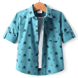 Rikidoos Full Sleeves Helmet Printed Shirt With Attached Tee - Peacock Blue & Melange Grey-picture-1