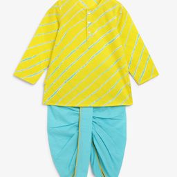 Campana 100% Cotton Full Sleeves Leheriya Printed Kurta With Dhoti Set - Yellow & Sky Blue-picture-14