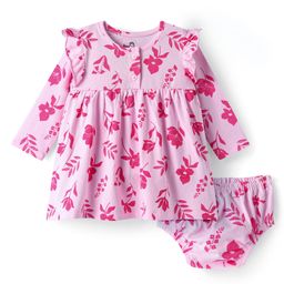 Doodle Poodle 100% Cotton Knit Full Sleeves Frock with Bloomer & Floral Print - Pink-picture-24