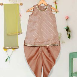 Saka Designs By Sapna Organza Sleeveless Sequins & Lace Embellished Kurta Dhoti With Dupatta Set - Peach-image-1