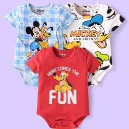Babyhug Disney Interlock Knit Half Sleeves Onesies with Mickey & Friends Graphics Pack of 3 - White Light Blue & Red-picture-6