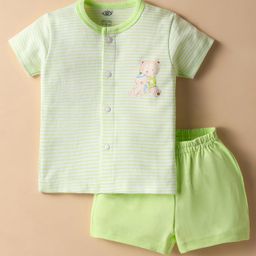 Zero Interlock Knit Half Sleeves Shorts Night Suit With Stripes & Teddy Bear Print - Mint Green-image-18
