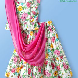Babyoye Woven Frill SleevesCholi Lehenga Set & Dupatta with Floral Print - Pink & White-image-28