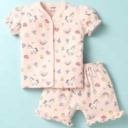 CUCUMBER Sinker Knit Puffed Sleeves Shorts Co-ords Night Suit with Unicorn Print - Pink-image-23