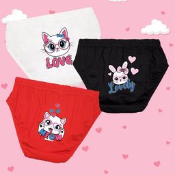 NUSYL Cotton Pack Of 3 Bunny & Kitty Printed Panties - White Black & Red-image-92