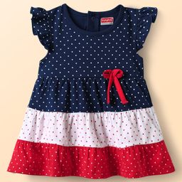 Babyhug 100% Cotton Interlock Knit Frill Sleeves Frock Onesie with Cut & Sew Design Polka Dot Print & Bow Applique - Navy Blue Red & White-image-43