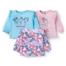 Doodle Poodle 100% Cotton Knit Full Sleeves Tops with Bow & Ballerina Print & Frill Detailing Pack of 3 -Baby Pink White & Light Blue-picture-41