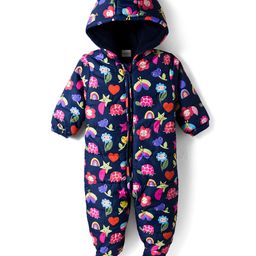 Babyhug Woven Full Sleeves Footed & Hooded Winter Wear Romper With Floral Print - Navy Blue-picture-20