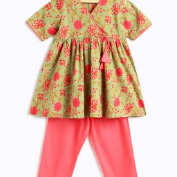 Campana 100% Cotton Woven Half Sleeves Floral Printed Kurti Pant Set - Green & Peach-image-46