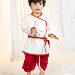 Vastramay Satin Woven Janmashtami Theme Full Sleeves Lord Krishna Costume Set - White-picture-6