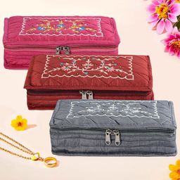 Kuber Industries Grey 3 Pieces Floral Embroidered Jewellery Organisers-46