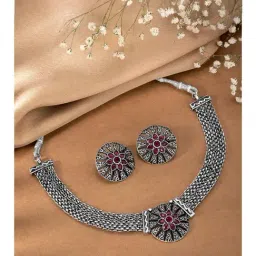 Peora Silver Plated Pink Synthetic Stone Studded Choker Necklace & Earrings Set-image-78