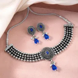 Peora Silver Plated Rhodium White Blue Synthetic Stone & Beads Necklace and Earrings Set-image-77