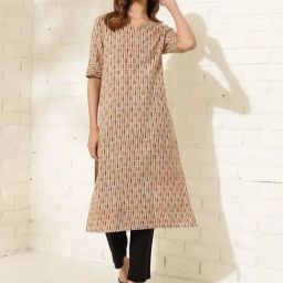 Fabindia Beige Cotton Bagru Printed Knee Length Kurta-image-29