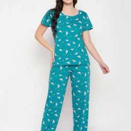 Clovia Teal Cotton Printed Top With Pyjamas-image-20