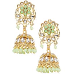 OOMPH Green Beads & Kundan Ethnic Choker Necklace Set with Jhumka Earrings & Maangtikka image 2