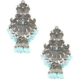 OOMPH Jewellery Oxidized Silver Tone Turquoise Blue Opal Beads Jhumki image 3