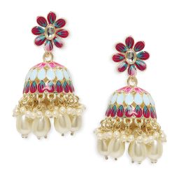 OOMPH Jewellery Pink & Turquoise Blue Meenakari Ethic Jhumki image 3