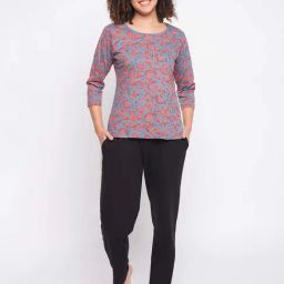 Clovia Blue & Black Cotton Printed Top With Pyjamas-image-23